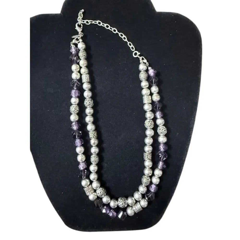 Premier Designs Silver Tone Purple Glass Beaded Double Strand Layered Necklace